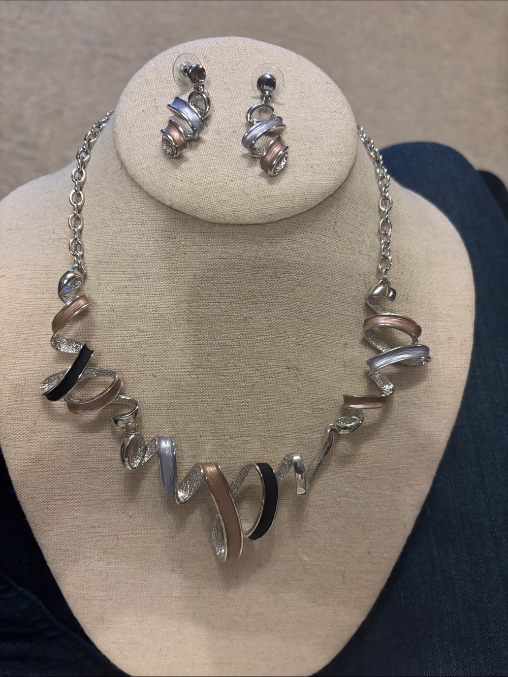 Tri tone Spiral Necklace & Earring Set - Silver, Rose Gold, Black